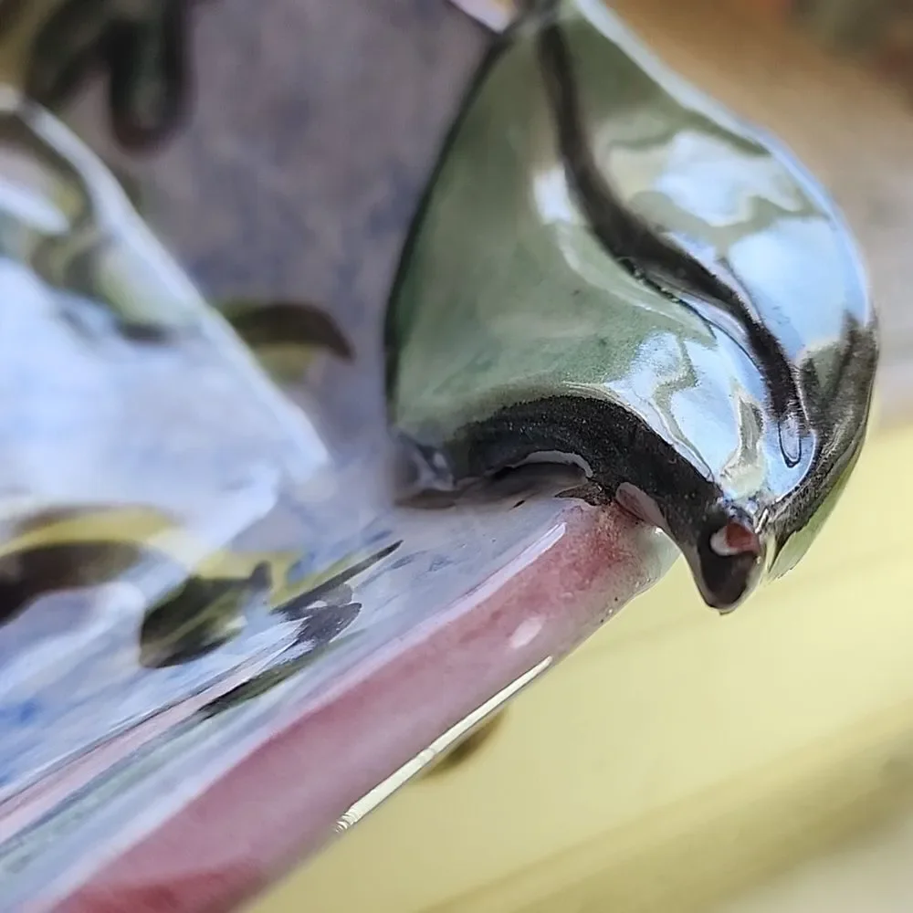 Handpainted Art Pottery Dish with Leaf Handles and Tropical Birds